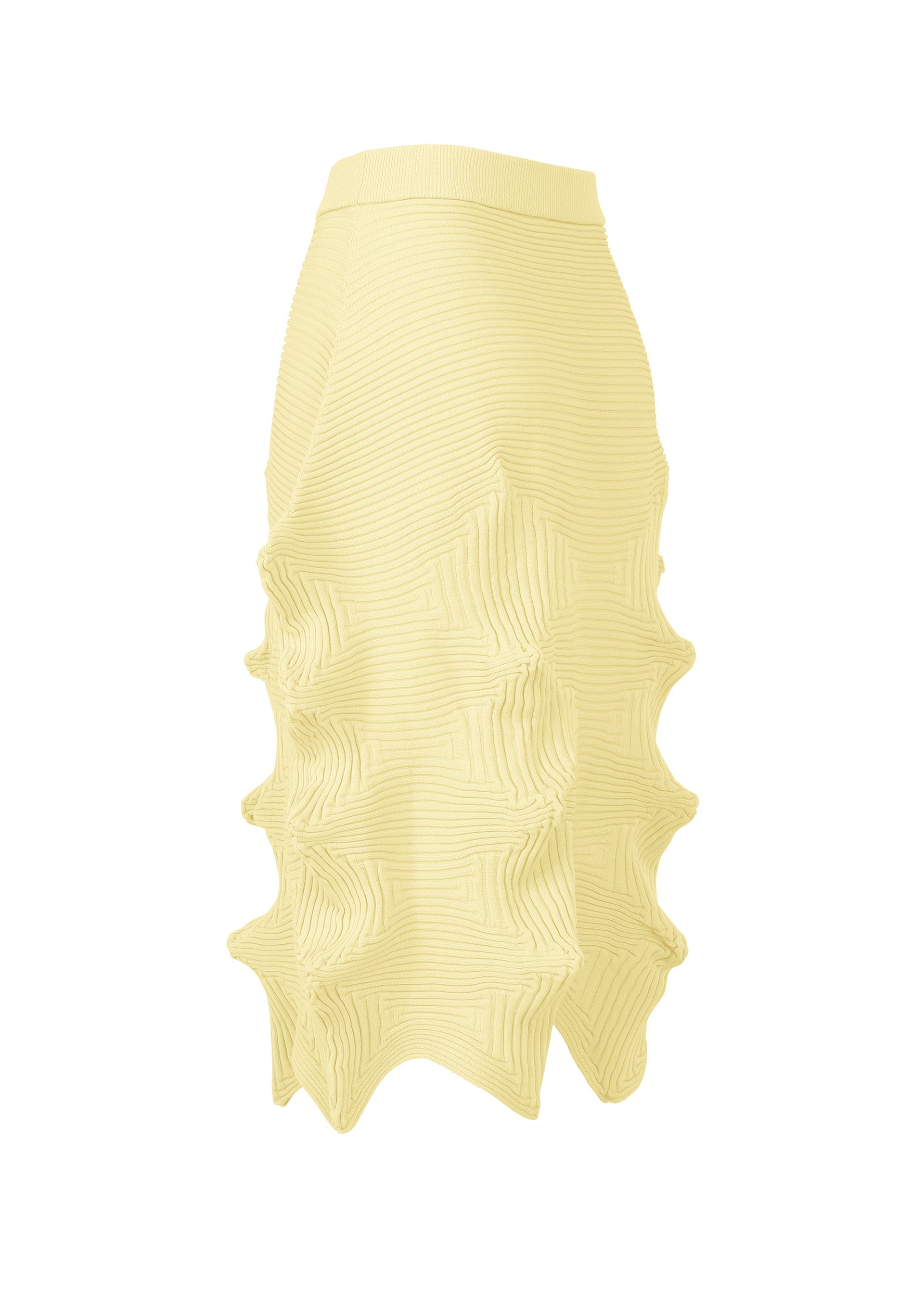 Zoomed view LINKAGE by ISSEY MIYAKE is a light yellow knit skirt featuring a high waist and sculpted wavy 3D textures along the sides, creating a bold, modern geometric silhouette.