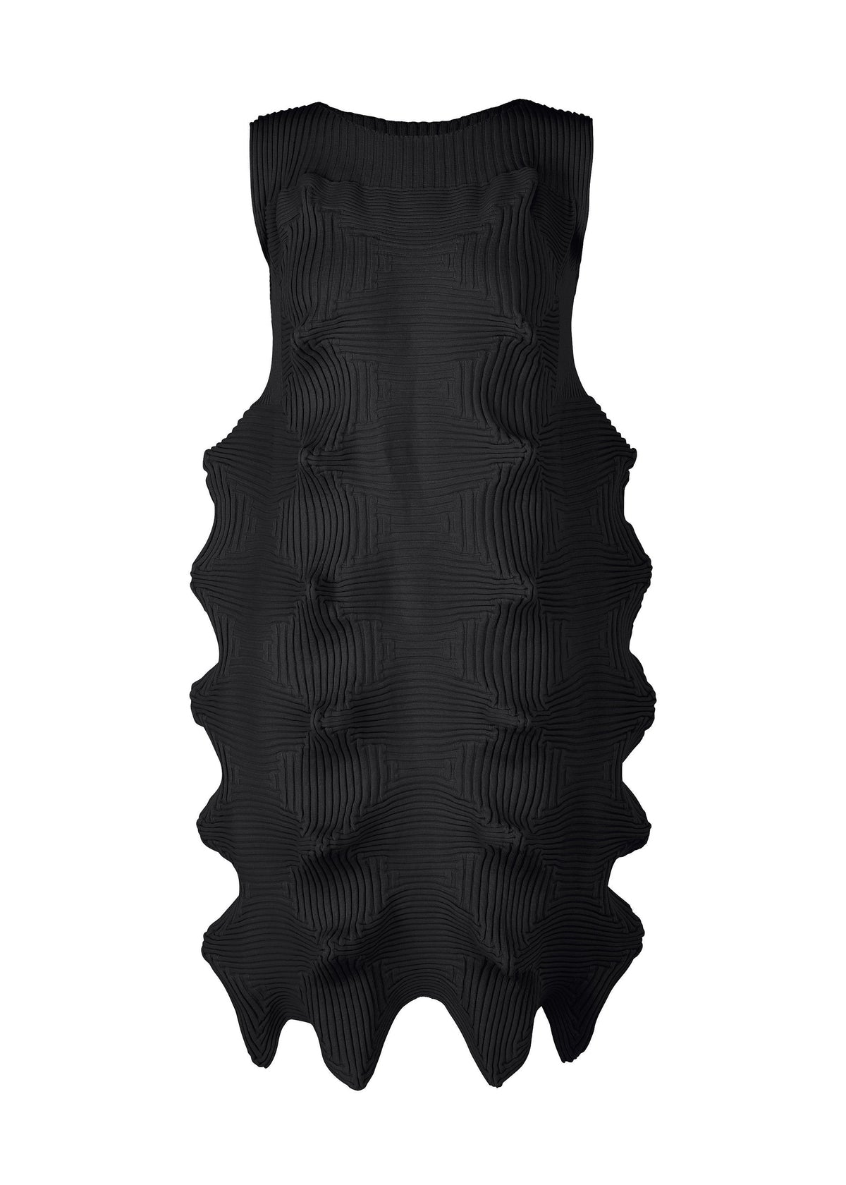 LINKAGE by ISSEY MIYAKE is a sleeveless black knit dress made from recycled polyester, showcasing a bold, modern silhouette with sculptural wavy ridges and geometric contours. view 1 of 3