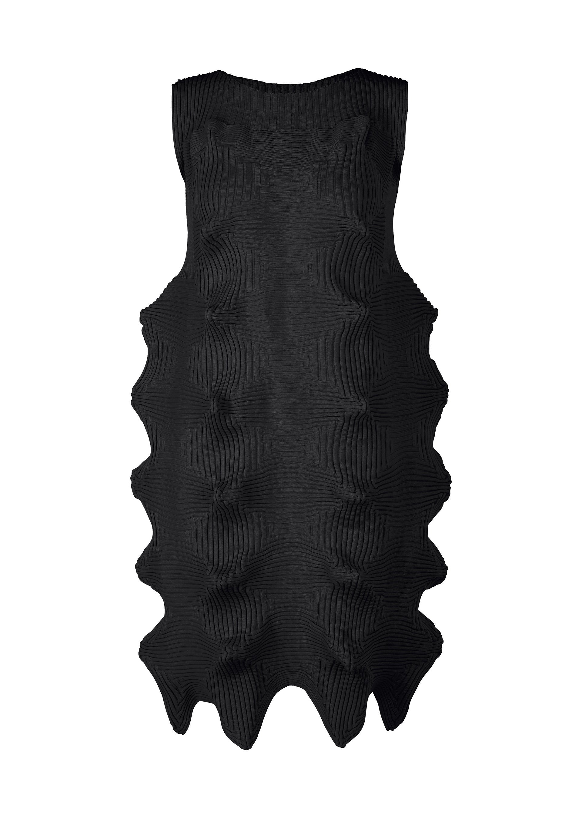 Zoomed view LINKAGE by ISSEY MIYAKE is a sleeveless black knit dress made from recycled polyester, showcasing a bold, modern silhouette with sculptural wavy ridges and geometric contours. - BLACK （no.15）