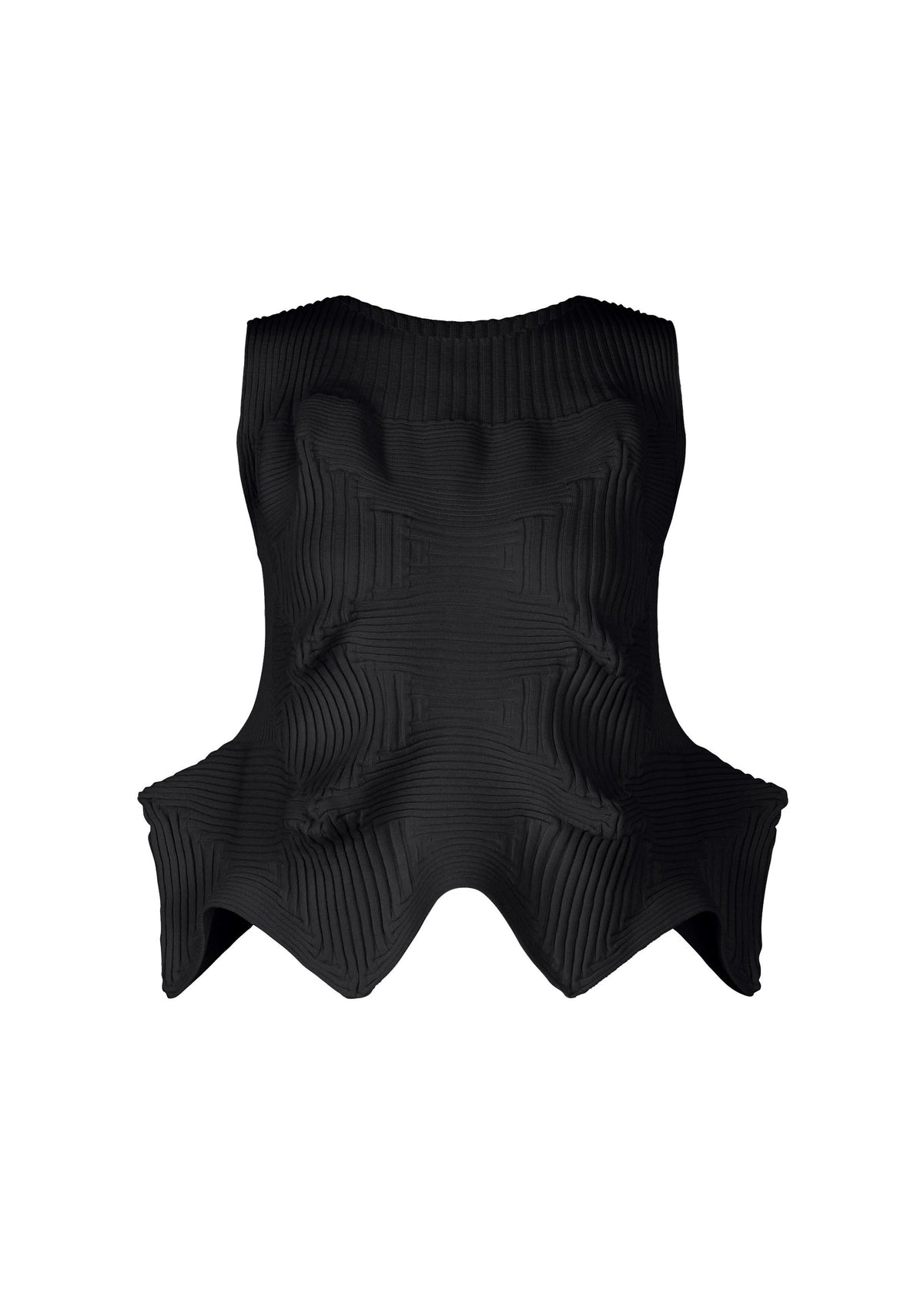 The LINKAGE sleeveless top by ISSEY MIYAKE features a sculptural black knit, high neckline, geometric textures, and exaggerated flared sides that create a bold three-dimensional silhouette against a white background. view 1 of 4