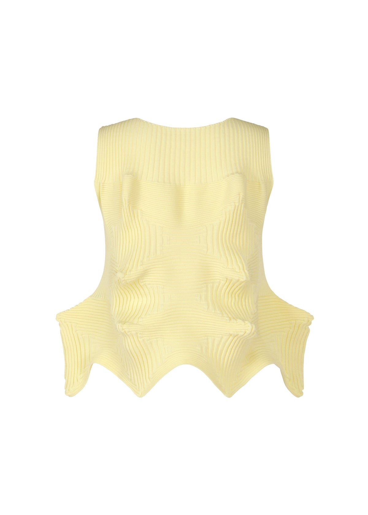 The LINKAGE sleeveless knit top by ISSEY MIYAKE features yellow recycled polyester, a ribbed texture, and dramatic wavy edges that flare outward for a bold three-dimensional look, shown against a plain white background. view 2 of 4