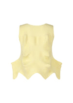 The LINKAGE sleeveless knit top by ISSEY MIYAKE features yellow recycled polyester, a ribbed texture, and dramatic wavy edges that flare outward for a bold three-dimensional look, shown against a plain white background.