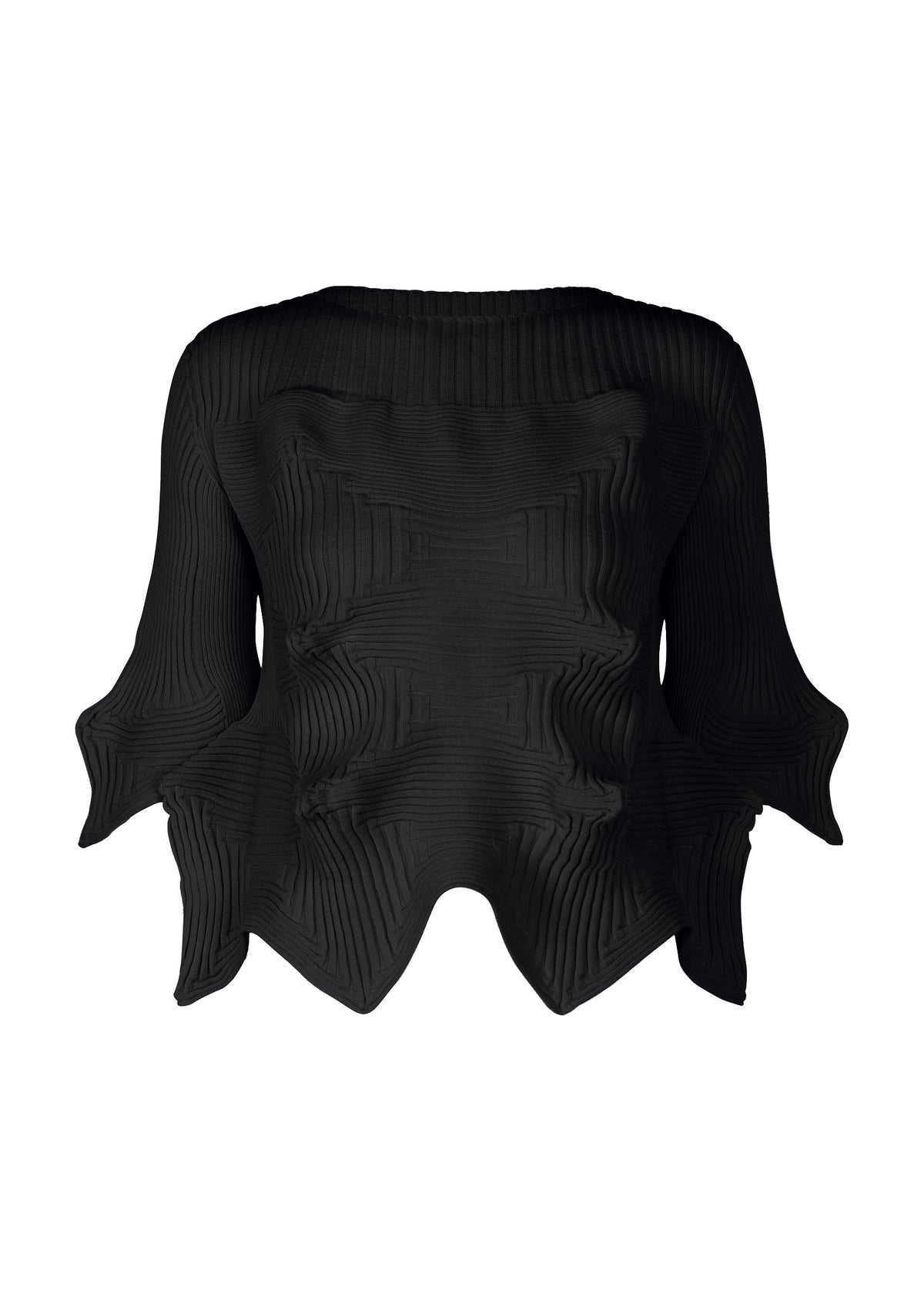 The LINKAGE top by ISSEY MIYAKE features black recycled polyester with ribbed texture, flared sleeves, and a sculptural wavy hem. Raised geometric patterns add dimension, creating a modern, architectural silhouette. view 1 of 3