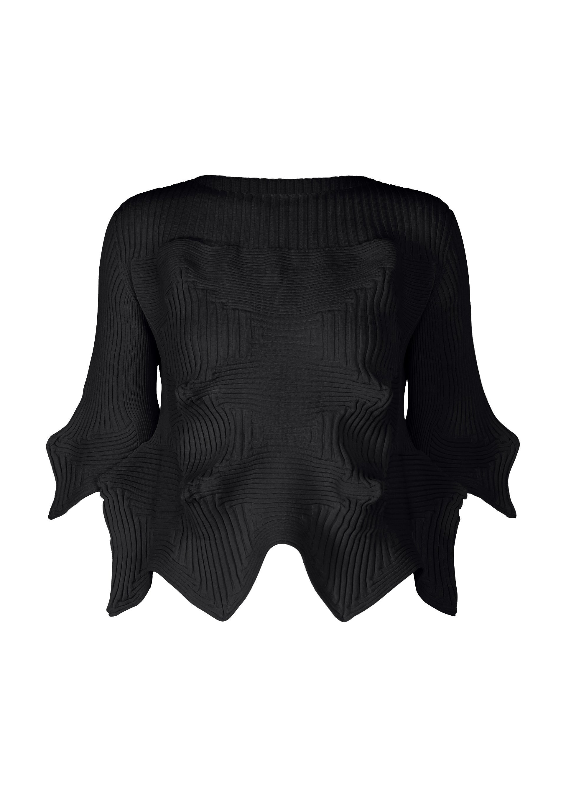 Zoomed view The LINKAGE top by ISSEY MIYAKE features black recycled polyester with ribbed texture, flared sleeves, and a sculptural wavy hem. Raised geometric patterns add dimension, creating a modern, architectural silhouette. - BLACK （no.15）
