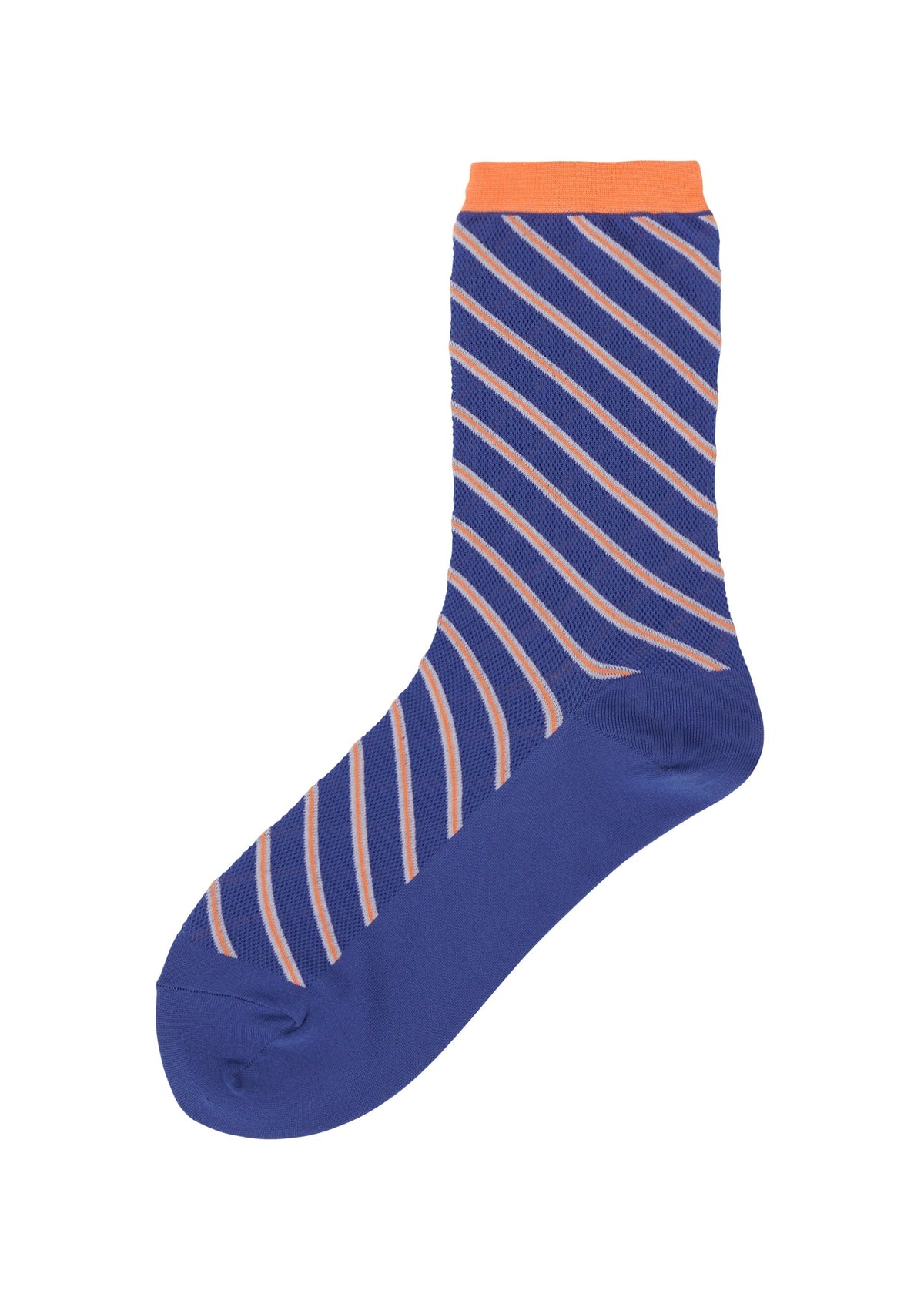 The ISSEY MIYAKE GENERIC STRIPES SOCKS features a single blue sock with diagonal orange and white stripes and an orange cuff, shown on a white background. view 4 of 5