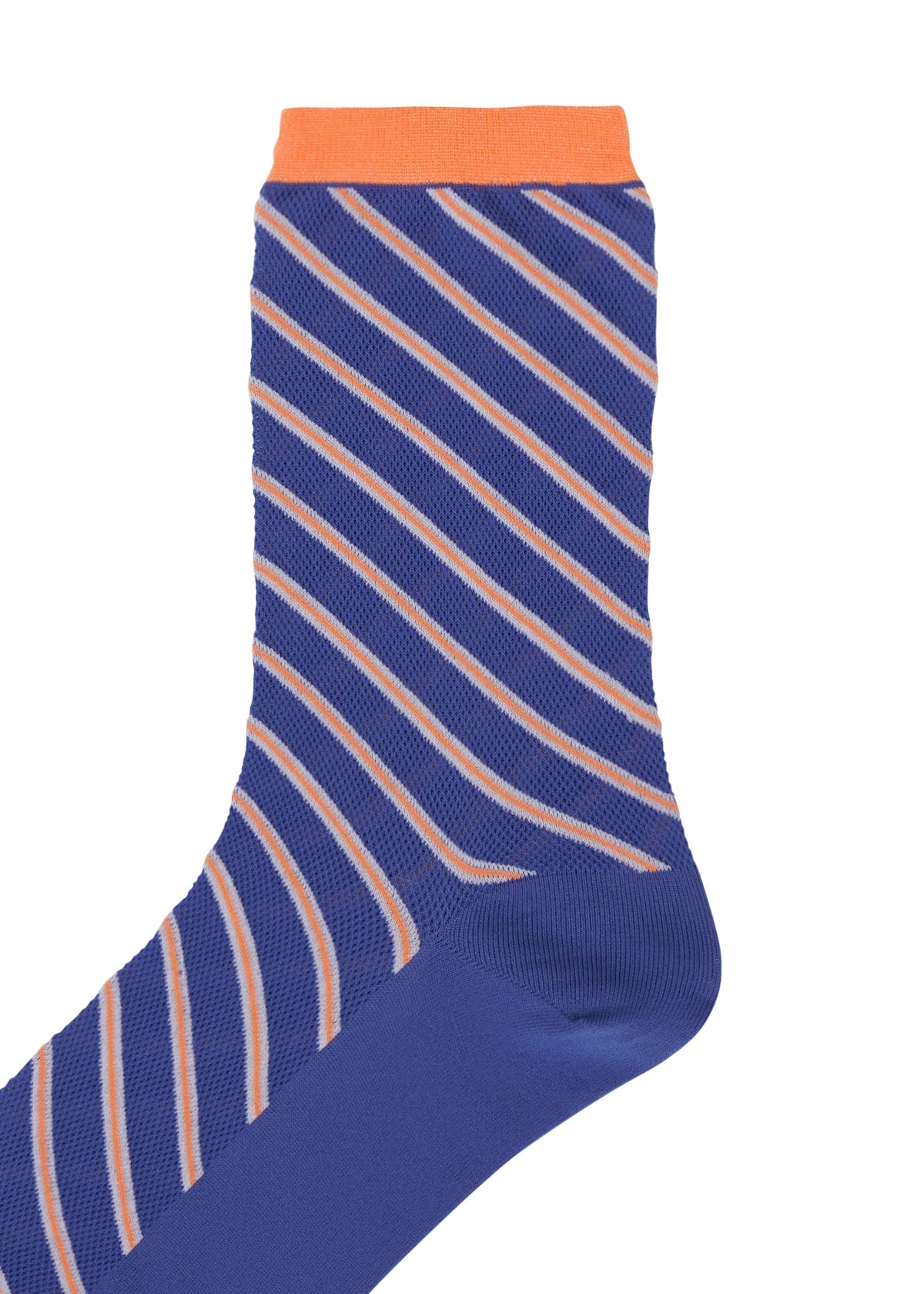 The ISSEY MIYAKE GENERIC STRIPES SOCKS have a blue mesh base with diagonal orange and white stripes, an orange cuff, and solid blue toe and heel sections. view 5 of 5
