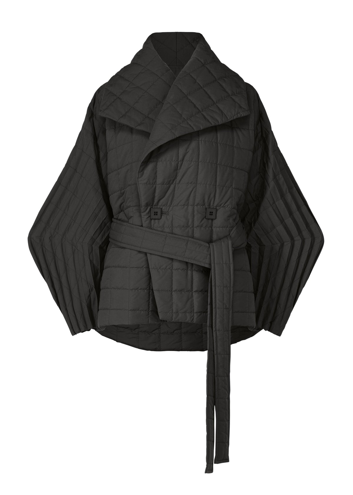 Zoomed view ISSEY MIYAKE PLEATED GRID black quilted wrap jacket featuring a square pattern, a wide collar, a tie belt, and handmade pleated sleeves. - Black