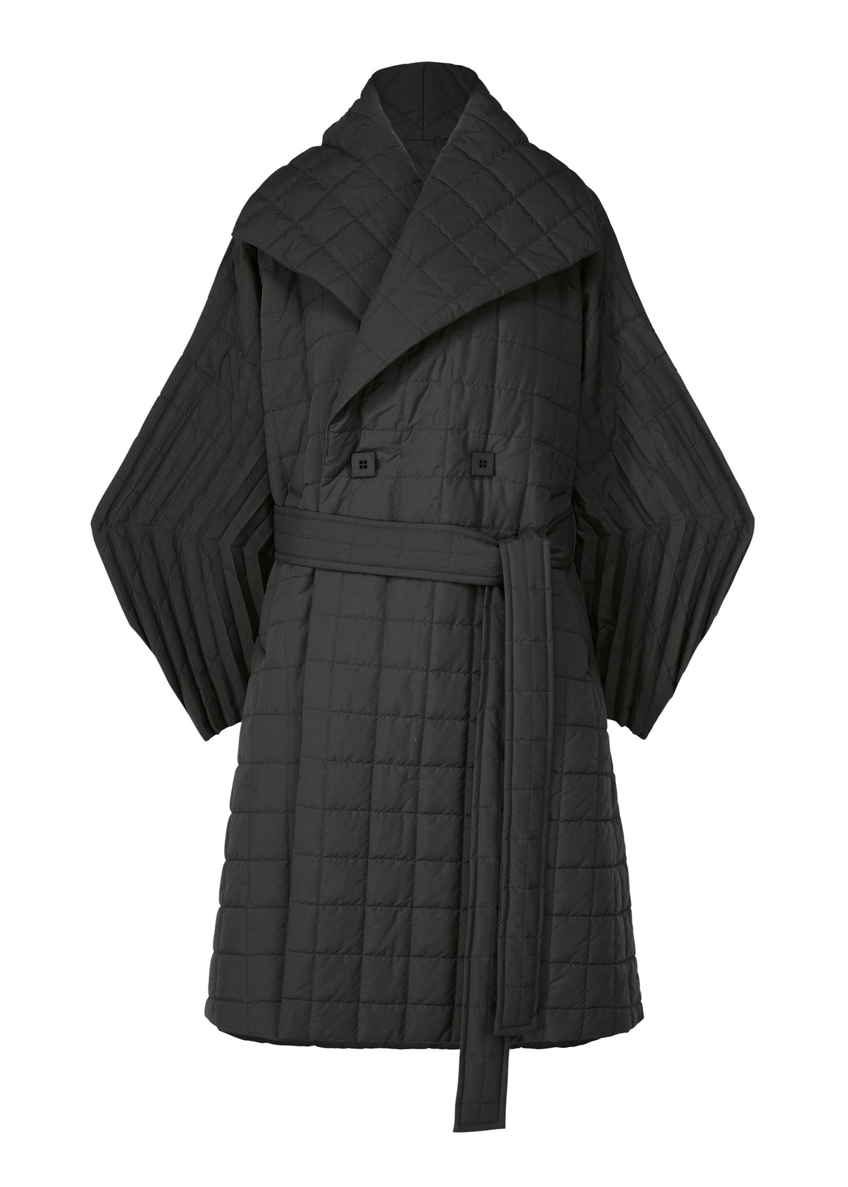Zoomed view ISSEY MIYAKE PLEATED GRID black quilted jacket featuring a wide shawl collar, belted waist, and pleated wide sleeves in a long, padded coat silhouette. - Black