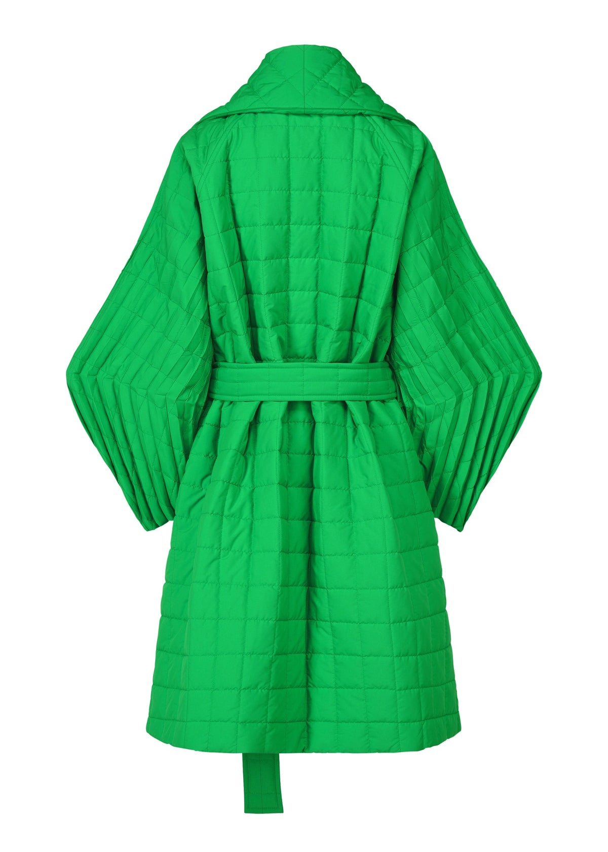 Bright green quilted PLEATED GRID long padded coat by ISSEY MIYAKE with wide pleated sleeves and a belted waist. view 2 of 5