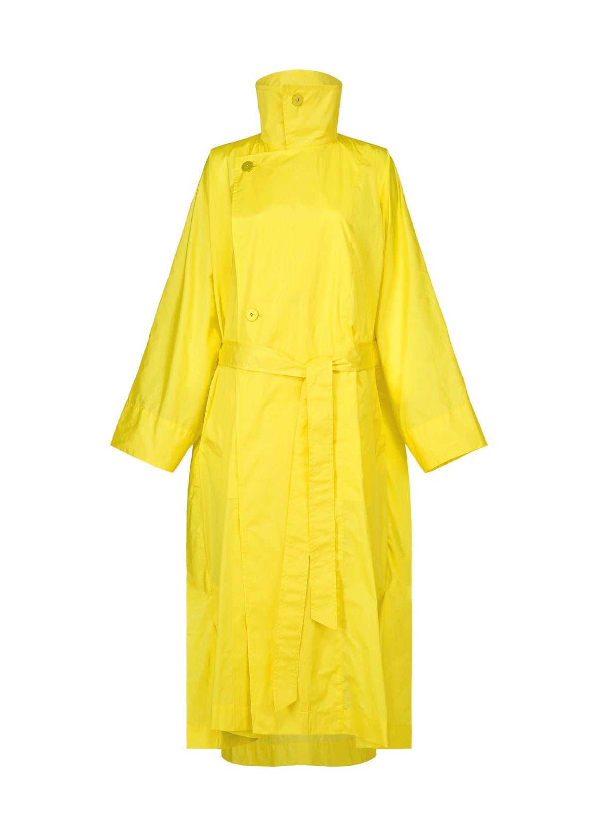 The ISSEY MIYAKE AERIAL STEEL is a bright yellow lightweight taffeta coat with a high collar, button details, long sleeves, and a matching belt at the waist, shown on a white background. view 2 of 5