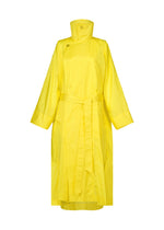 The ISSEY MIYAKE AERIAL STEEL is a bright yellow lightweight taffeta coat with a high collar, button details, long sleeves, and a matching belt at the waist, shown on a white background. - YELLOW （no.52）