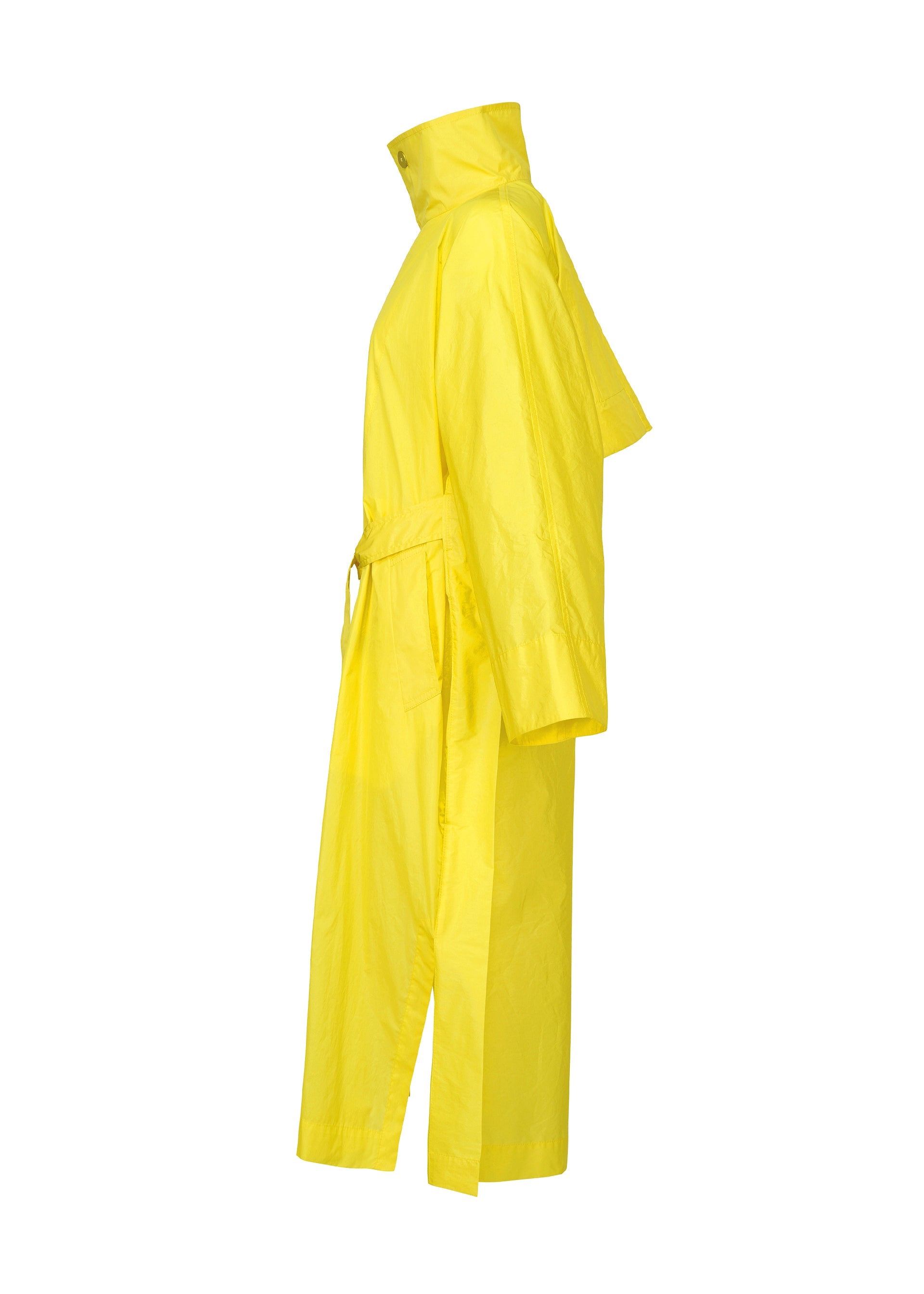 Zoomed view Side view of the ISSEY MIYAKE AERIAL STEEL: a bright yellow lightweight taffeta coat with high collar, wide sleeves, waist belt, and unique texture, displayed on a white background.