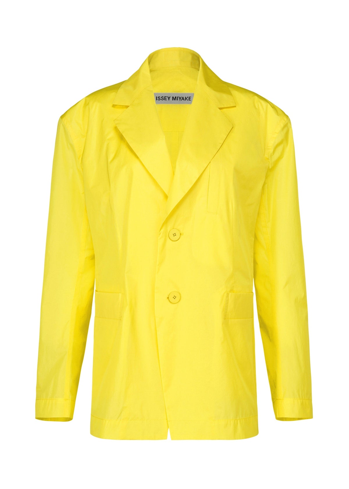 The AERIAL STEEL blazer by ISSEY MIYAKE is a bright yellow, long-sleeve piece in lightweight taffeta with a unique texture, notched collar, two buttons, two front pockets, and an inner label. view 2 of 5