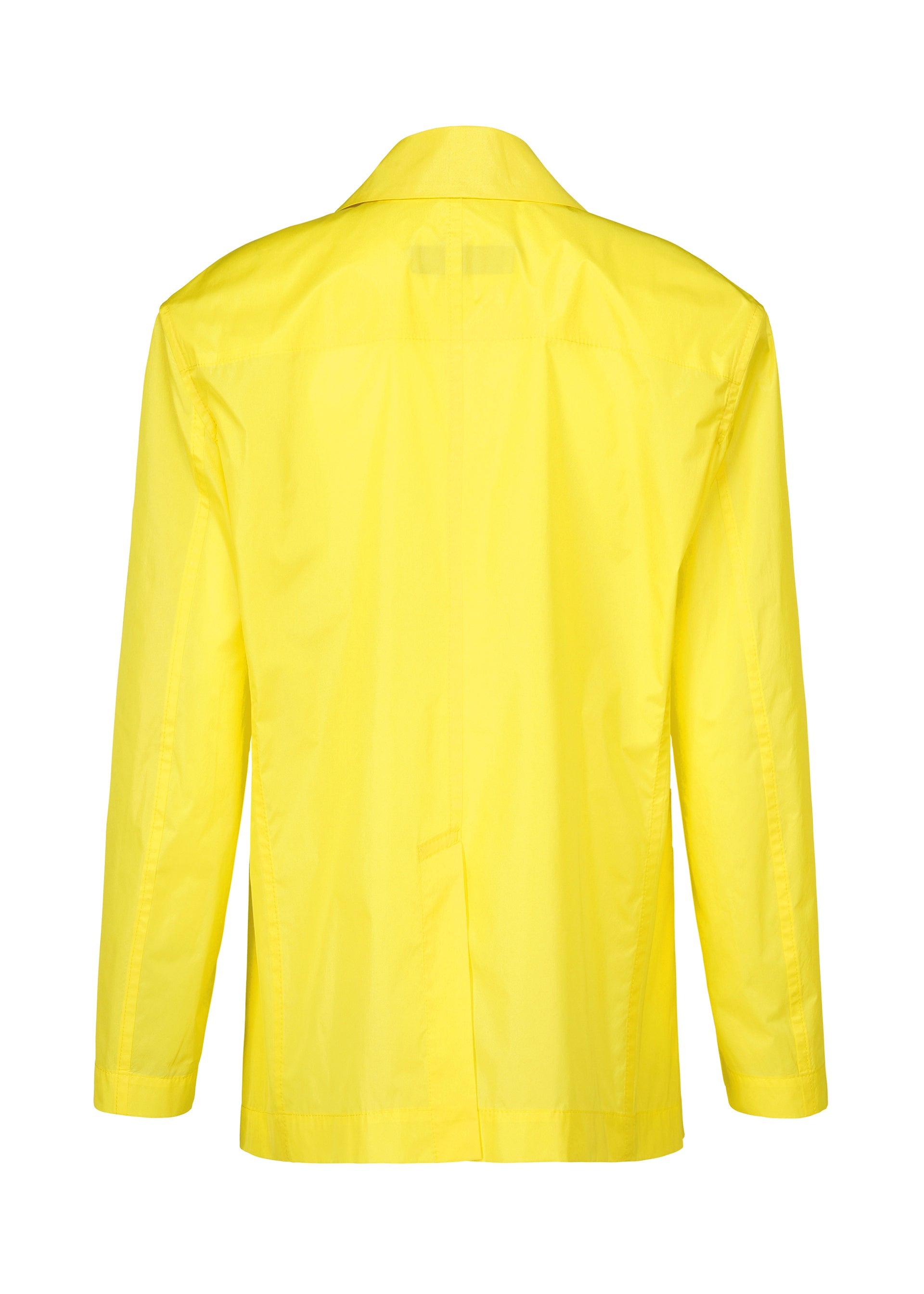Zoomed view The ISSEY MIYAKE AERIAL STEEL jacket is a bright yellow, lightweight taffeta piece seen from the back, with long sleeves, a straight collar, and an elegant shiny finish.