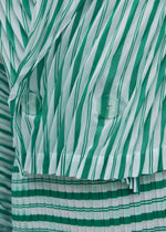 Close-up of the ISSEY MIYAKE GENERIC STRIPES (HAND PLEATS) jacket, featuring green and white diagonal stripes on top, horizontal stripes on the bottom, two translucent buttons, and sheer polyester fabric.