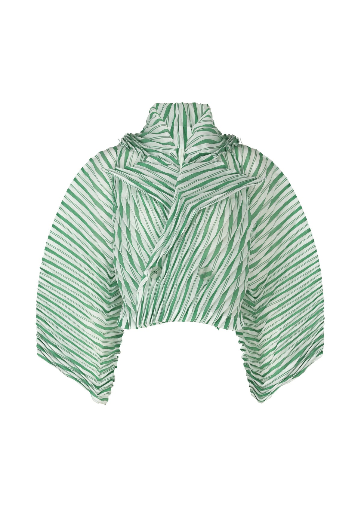 The ISSEY MIYAKE GENERIC STRIPES (HAND PLEATS) jacket features wide, handmade pleats on the sleeves and a wrap front, crafted from sheer green and white diagonally striped polyester. view 1 of 5