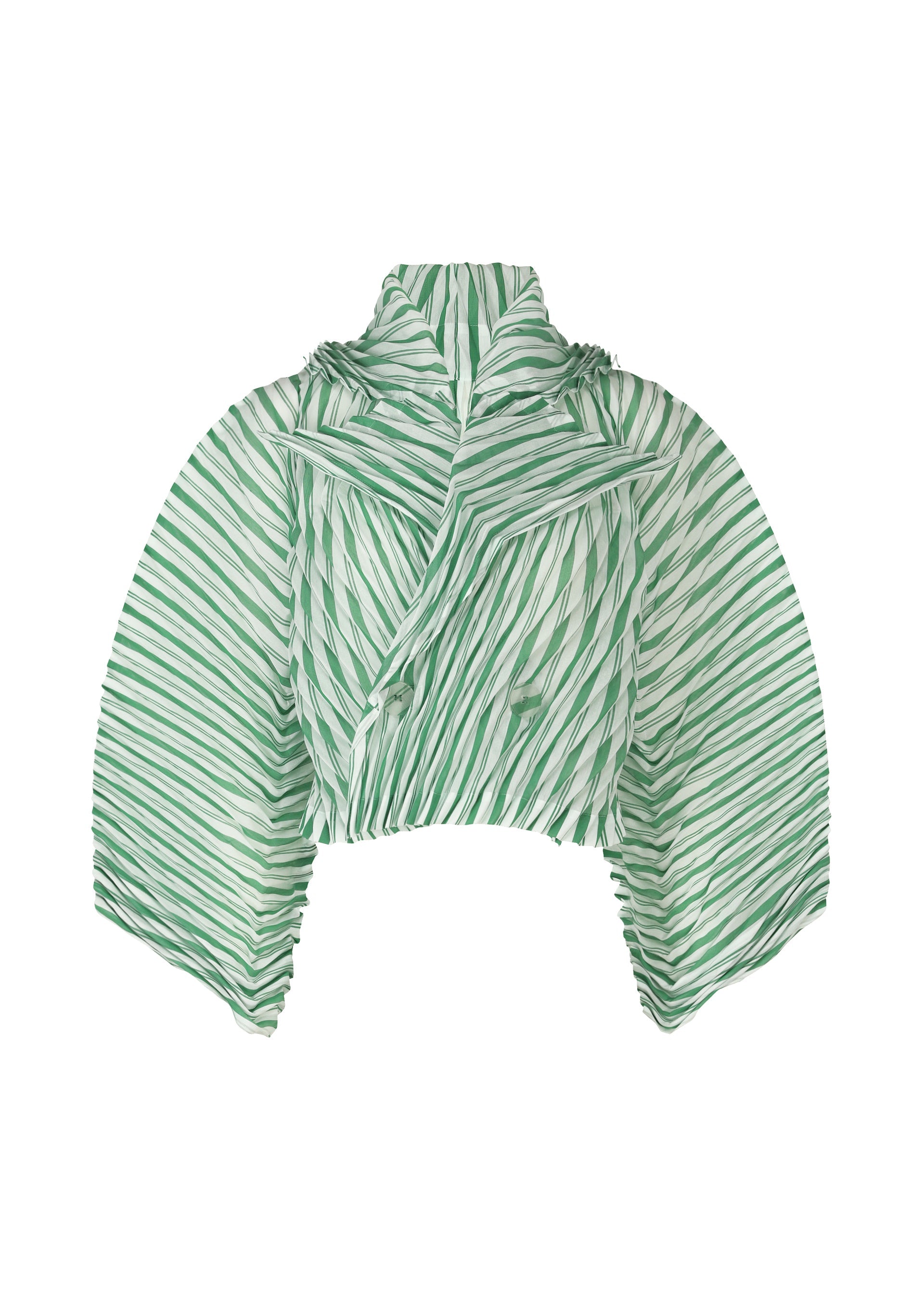 Zoomed view The ISSEY MIYAKE GENERIC STRIPES (HAND PLEATS) jacket features wide, handmade pleats on the sleeves and a wrap front, crafted from sheer green and white diagonally striped polyester. - GREEN-HUED （no.66）