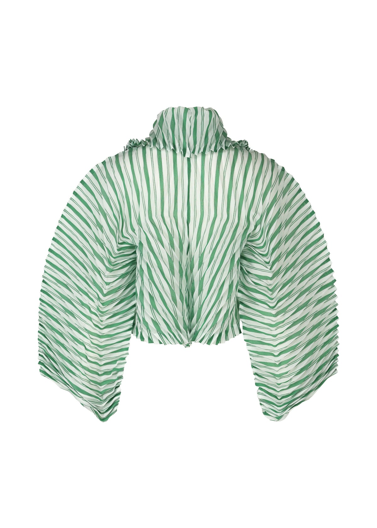 The ISSEY MIYAKE GENERIC STRIPES (HAND PLEATS) is a cropped blouse with voluminous handmade pleated sleeves, a high collar, and green and white vertical stripes in lightweight, sheer polyester for an airy feel. view 2 of 5