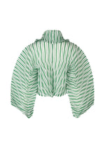 The ISSEY MIYAKE GENERIC STRIPES (HAND PLEATS) is a cropped blouse with voluminous handmade pleated sleeves, a high collar, and green and white vertical stripes in lightweight, sheer polyester for an airy feel.