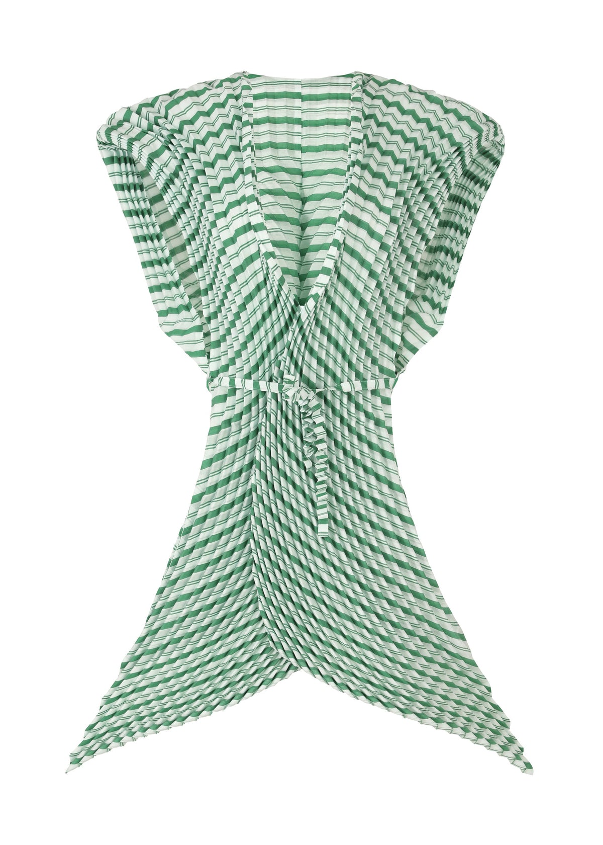 The GENERIC STRIPES (HAND PLEATS) dress by ISSEY MIYAKE features green and white stripes, handmade pleats, a deep V-neck, wide shoulders, and an asymmetrical pointed hemline. view 2 of 5