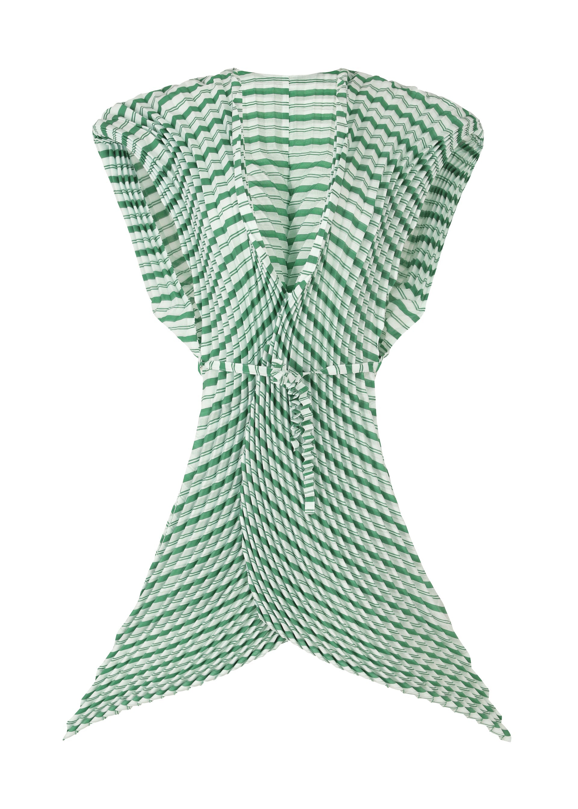 Zoomed view The GENERIC STRIPES (HAND PLEATS) dress by ISSEY MIYAKE features green and white stripes, handmade pleats, a deep V-neck, wide shoulders, and an asymmetrical pointed hemline. - GREEN-HUED （no.66）