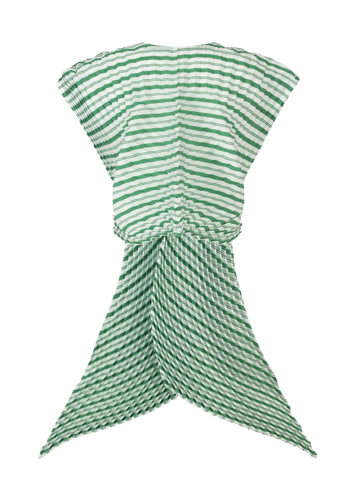 The ISSEY MIYAKE GENERIC STRIPES (HAND PLEATS) vest features green and white stripes, handmade pleats, wide angular shoulders, and a flared lower portion, shown flat on a white background. view 3 of 5