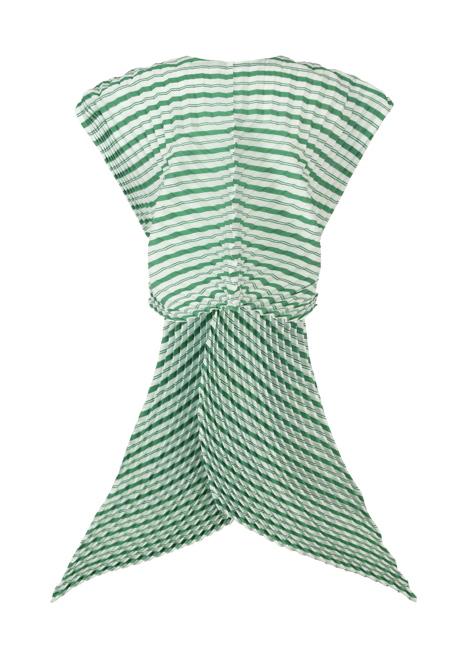 Zoomed view The ISSEY MIYAKE GENERIC STRIPES (HAND PLEATS) vest features green and white stripes, handmade pleats, wide angular shoulders, and a flared lower portion, shown flat on a white background.