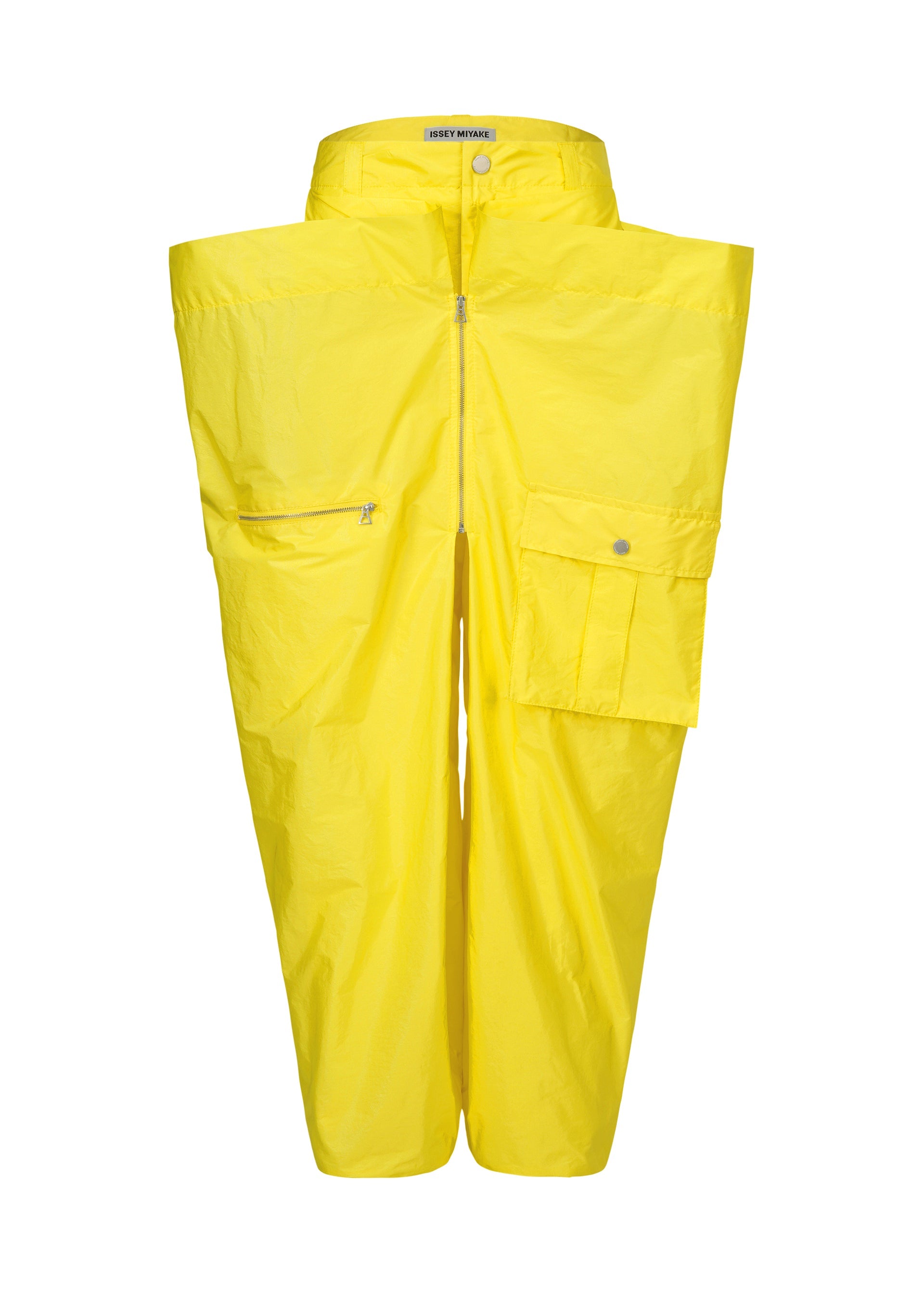 Zoomed view The AERIAL STEEL pants by ISSEY MIYAKE feature a bright yellow, glossy crinkled taffeta, wide-leg silhouette, high waist, front zipper, and side flap pocket for modern elegance and standout style. - YELLOW (no.52)