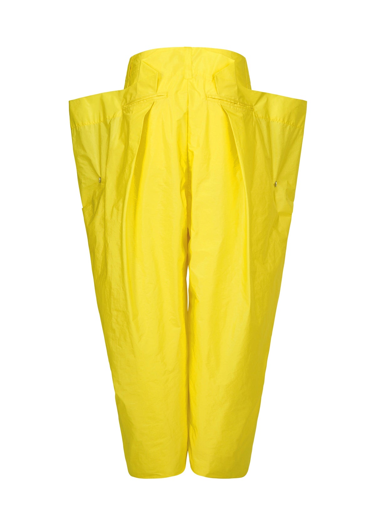 The AERIAL STEEL pants by ISSEY MIYAKE feature a bright yellow, lightweight taffeta fabric, dramatic wide-leg sculptural silhouette, and high waist, all presented against a white background. view 3 of 8