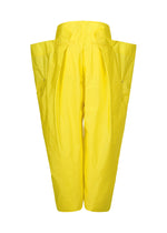 The AERIAL STEEL pants by ISSEY MIYAKE feature a bright yellow, lightweight taffeta fabric, dramatic wide-leg sculptural silhouette, and high waist, all presented against a white background.
