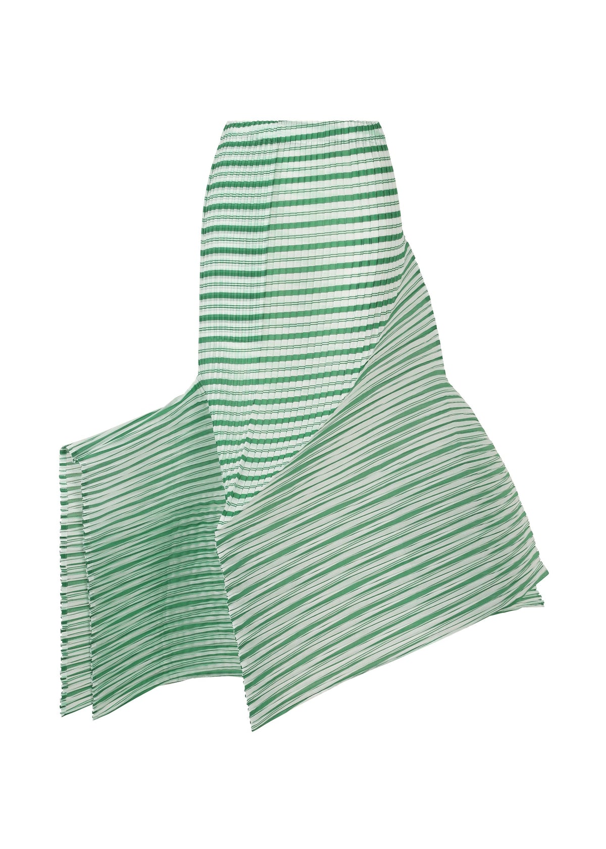 The GENERIC STRIPES (MACHINE PLEATS) pants by ISSEY MIYAKE are wide-legged and pleated with green and white horizontal stripes, designed to resemble the flowy look of a moiré skirt, displayed flat on a white background. view 1 of 10