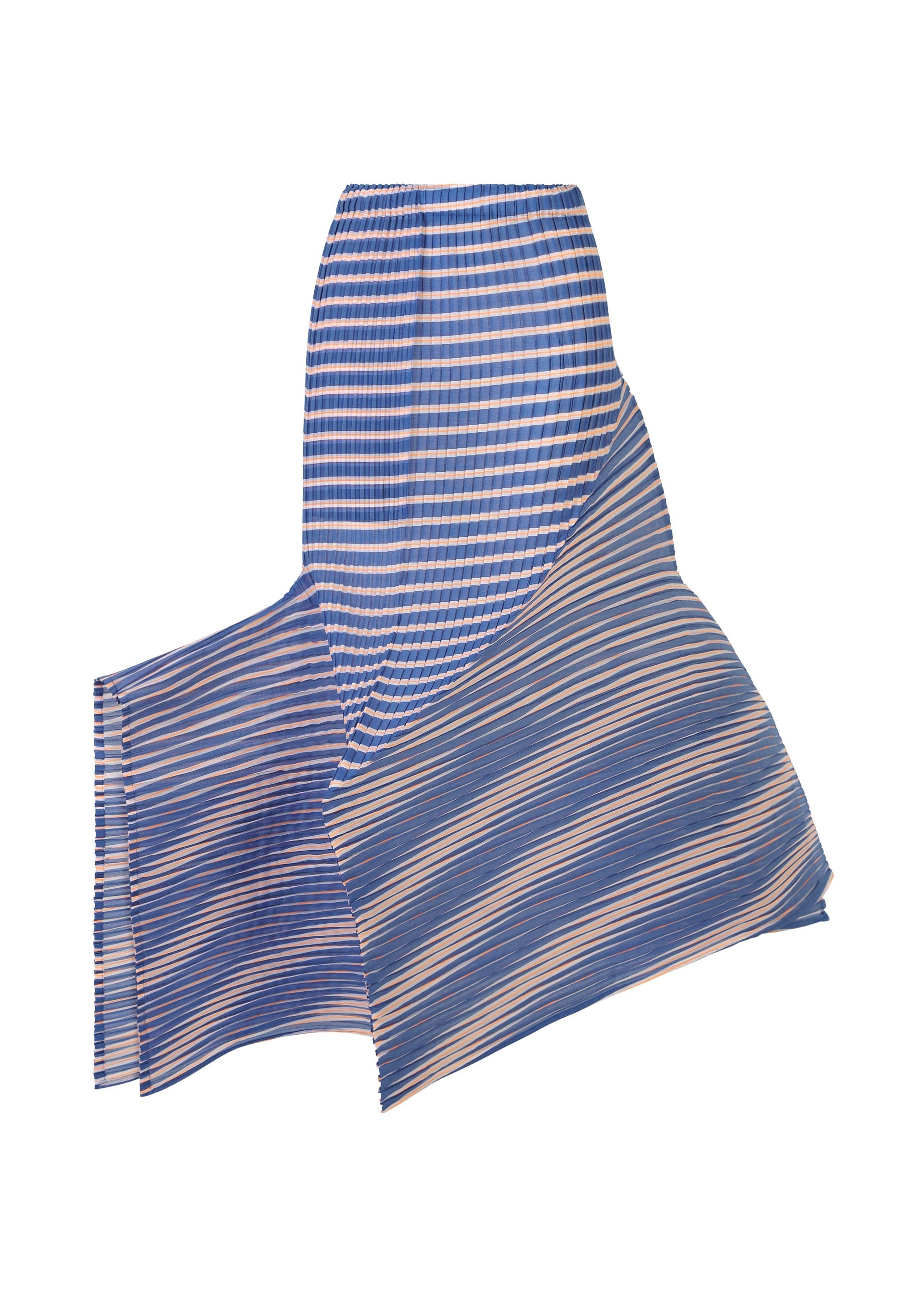 Zoomed view The ISSEY MIYAKE GENERIC STRIPES (MACHINE PLEATS) scarf, featuring horizontal blue, white, and beige stripes in lightweight pleated fabric, is displayed on a white background with gentle folds. - BLUE-HUED （no.76）