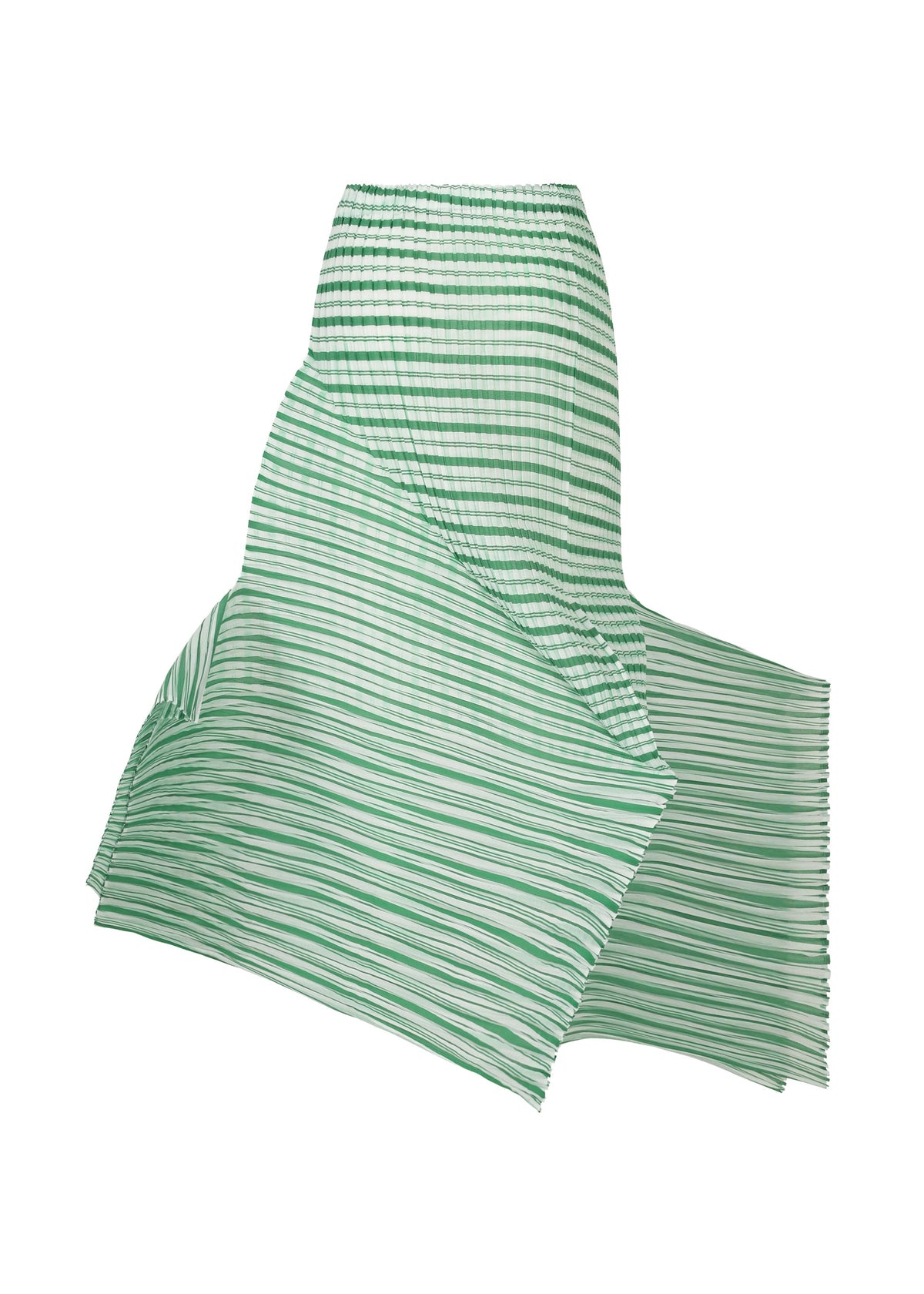The ISSEY MIYAKE GENERIC STRIPES (MACHINE PLEATS) skirt features green and white stripes, an asymmetrical flowing hem, and is crafted from sheer polyester for a lightweight, modern look. view 3 of 10