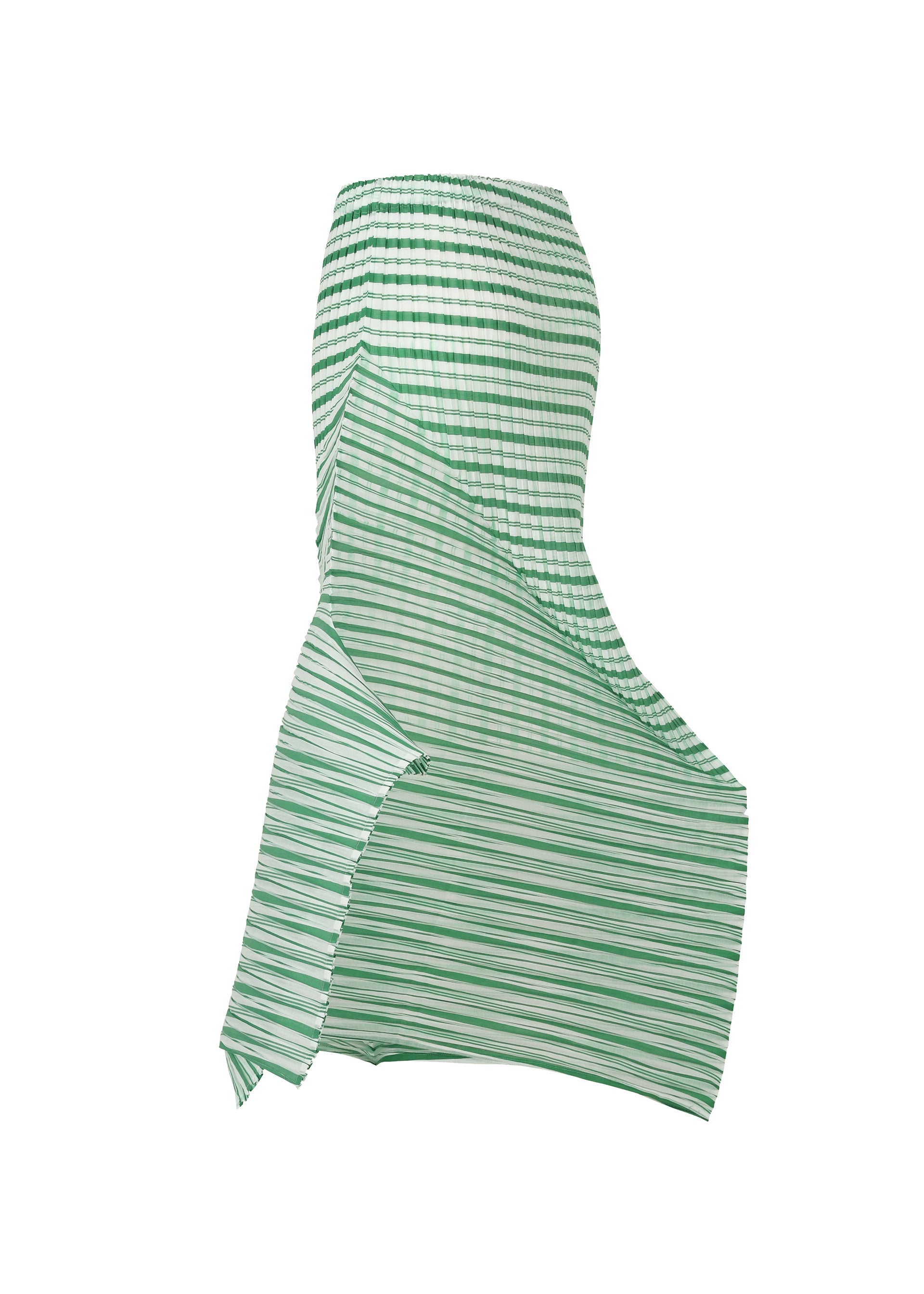 Zoomed view The ISSEY MIYAKE GENERIC STRIPES (MACHINE PLEATS) skirt features green and white horizontal stripes, a high waist, asymmetrical pleated design, and uneven hemline, shown against a plain white background.