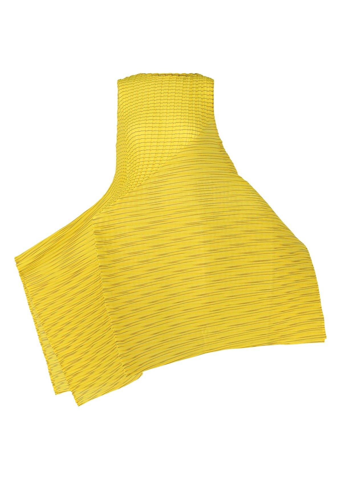 The ISSEY MIYAKE GENERIC STRIPES (MACHINE PLEATS) top features bright yellow sheer fabric, pleats, one exposed shoulder, and voluminous draping on one side, shown against a white background. view 3 of 8