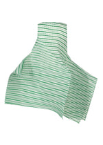 Loosely folded against a white background, the ISSEY MIYAKE GENERIC STRIPES (MACHINE PLEATS) fabric features green and white horizontal stripes, evoking the look of a classic striped dress.