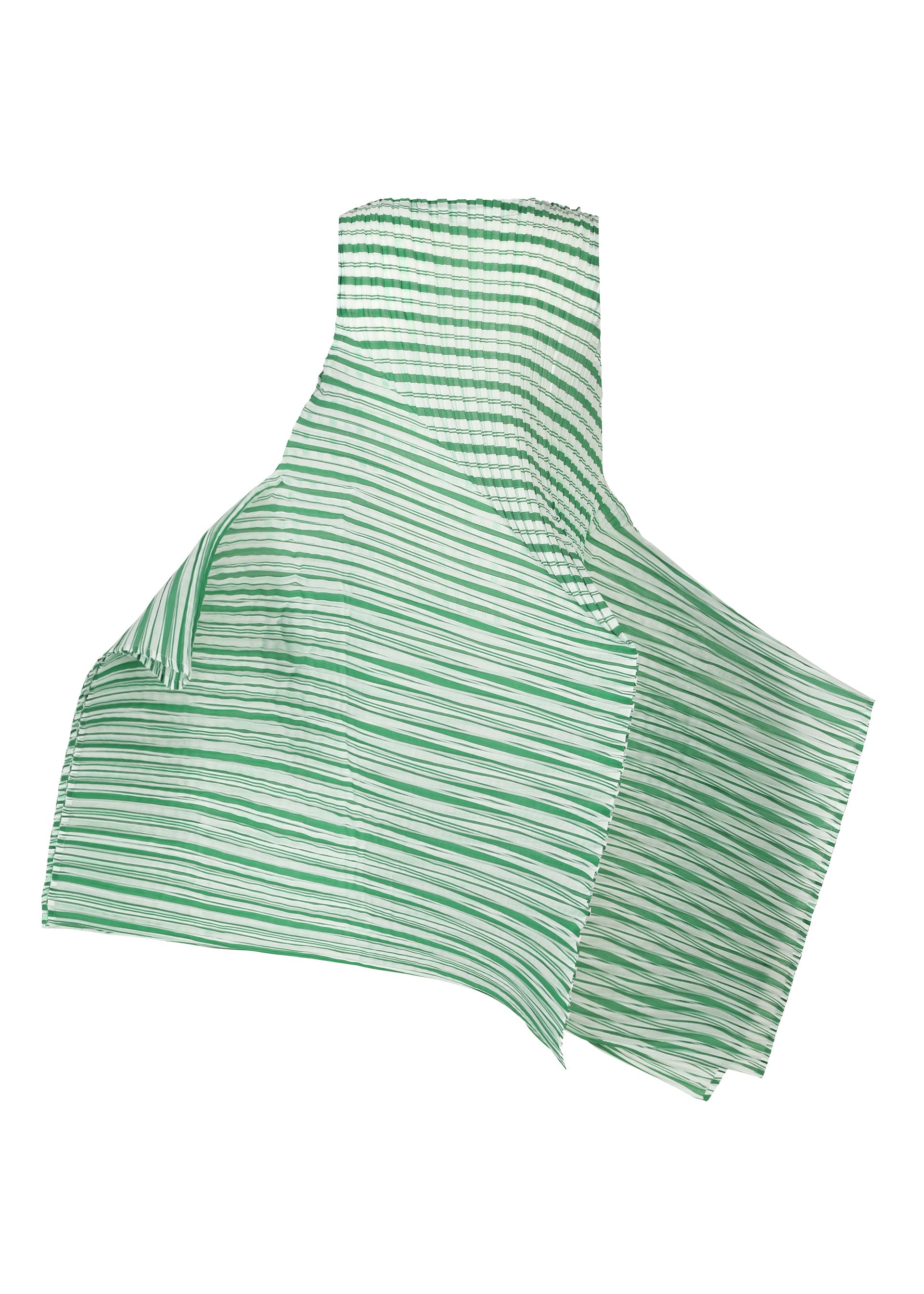 Zoomed view Loosely folded against a white background, the ISSEY MIYAKE GENERIC STRIPES (MACHINE PLEATS) fabric features green and white horizontal stripes, evoking the look of a classic striped dress.