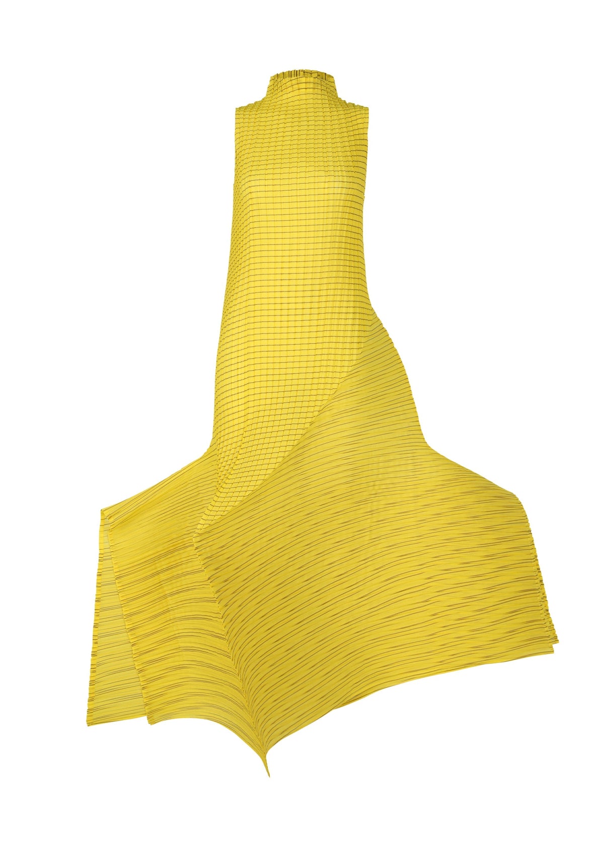 The ISSEY MIYAKE GENERIC STRIPES (MACHINE PLEATS) is a sleeveless bright yellow dress with machine pleats, a high neck, asymmetrical flowing hem, and textured pleats, shown on a plain white background. view 1 of 6