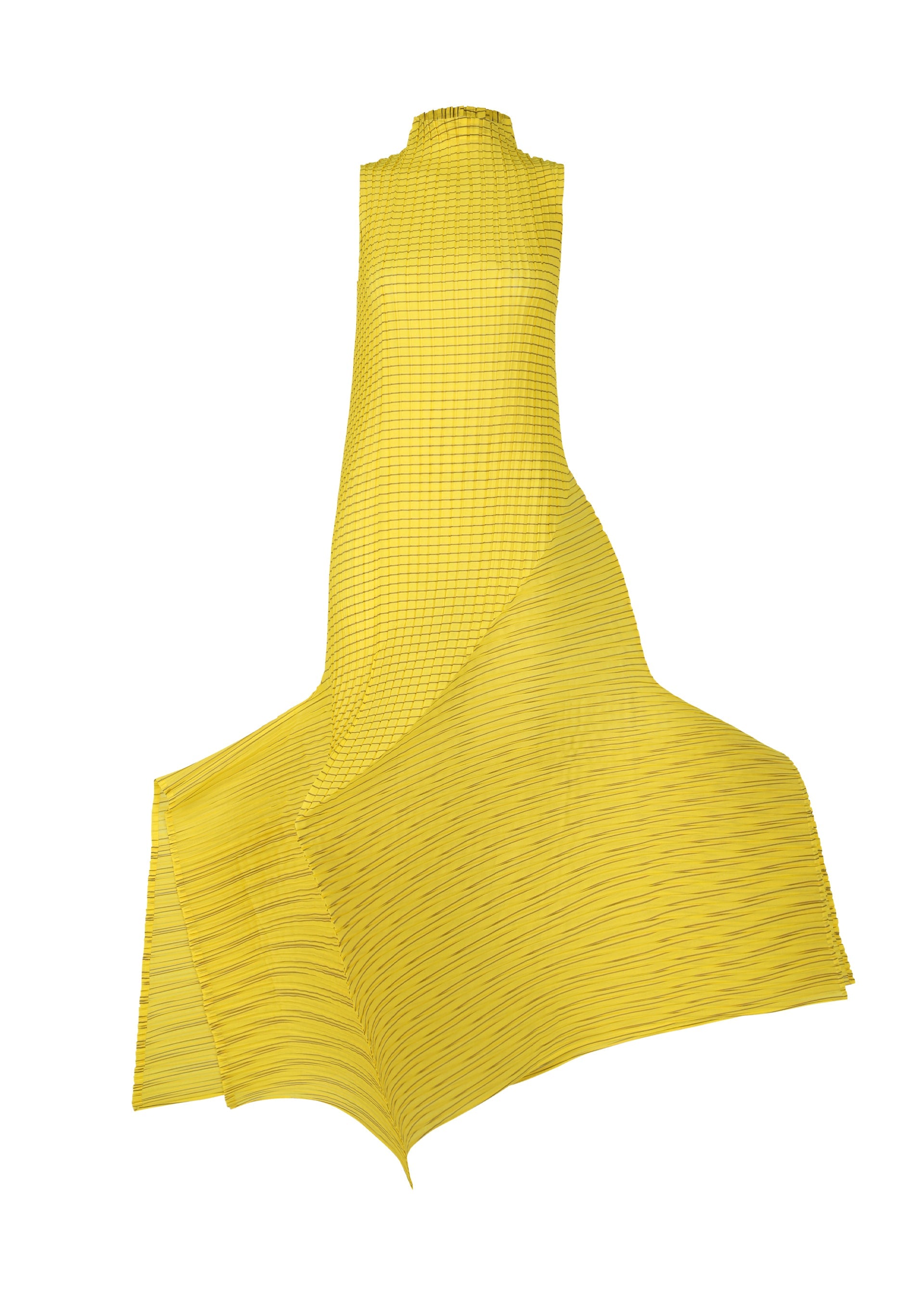 Zoomed view The ISSEY MIYAKE GENERIC STRIPES (MACHINE PLEATS) is a sleeveless bright yellow dress with machine pleats, a high neck, asymmetrical flowing hem, and textured pleats, shown on a plain white background. - YELLOW-HUED （no.57）
