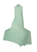 The ISSEY MIYAKE GENERIC STRIPES (MACHINE PLEATS) dress features green-and-white stripes, machine-pleated fabric, a high neck, and a sculptural silhouette, shown against a white background.