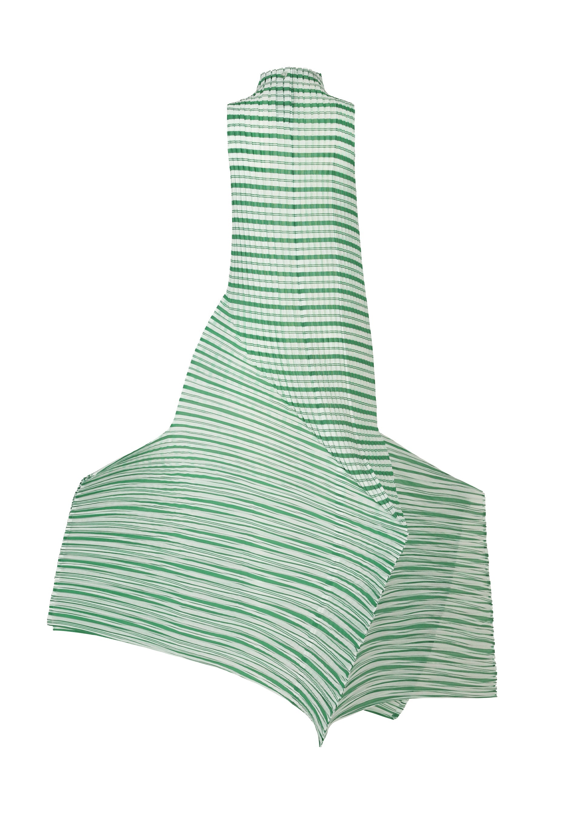 Zoomed view The ISSEY MIYAKE GENERIC STRIPES (MACHINE PLEATS) dress features green-and-white stripes, machine-pleated fabric, a high neck, and a sculptural silhouette, shown against a white background.