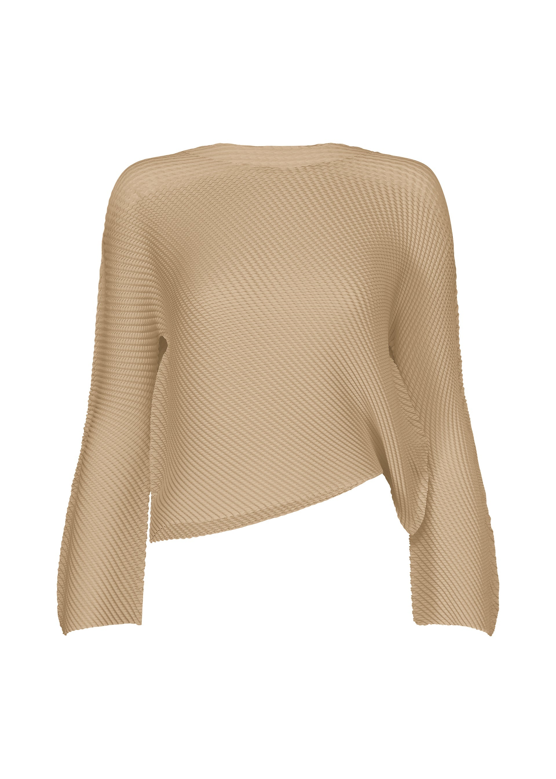 Zoomed view The SHIFTED MISTY PLEATS top by ISSEY MIYAKE features tan ribbed-knit fabric, long sleeves, and a unique asymmetrical drape with one side lower. The design is sleek, with no visible fastenings or embellishments. - BEIGE （no.41）