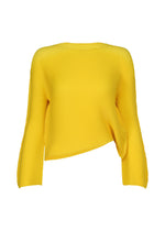 The SHIFTED MISTY PLEATS by ISSEY MIYAKE is a vibrant yellow long-sleeved top featuring ribbed knit fabric, an asymmetrical hem, and draped uneven lines for a modern, textured style. - YELLOW （no.52）