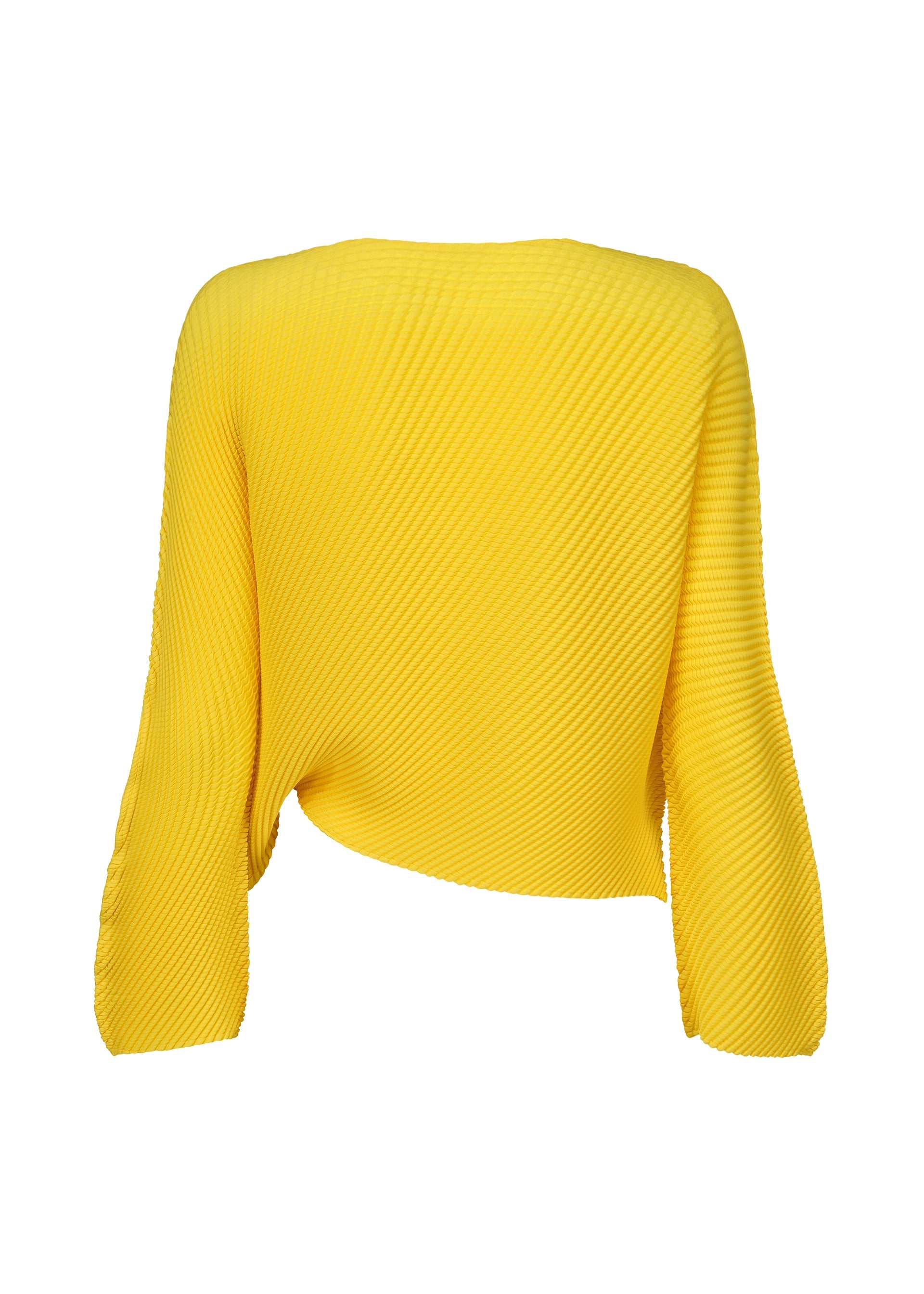 Zoomed view SHIFTED MISTY PLEATS by ISSEY MIYAKE: A yellow long-sleeve sweater with a textured ribbed pattern, unique back view, asymmetrical hem, and a loose, slightly oversized fit.