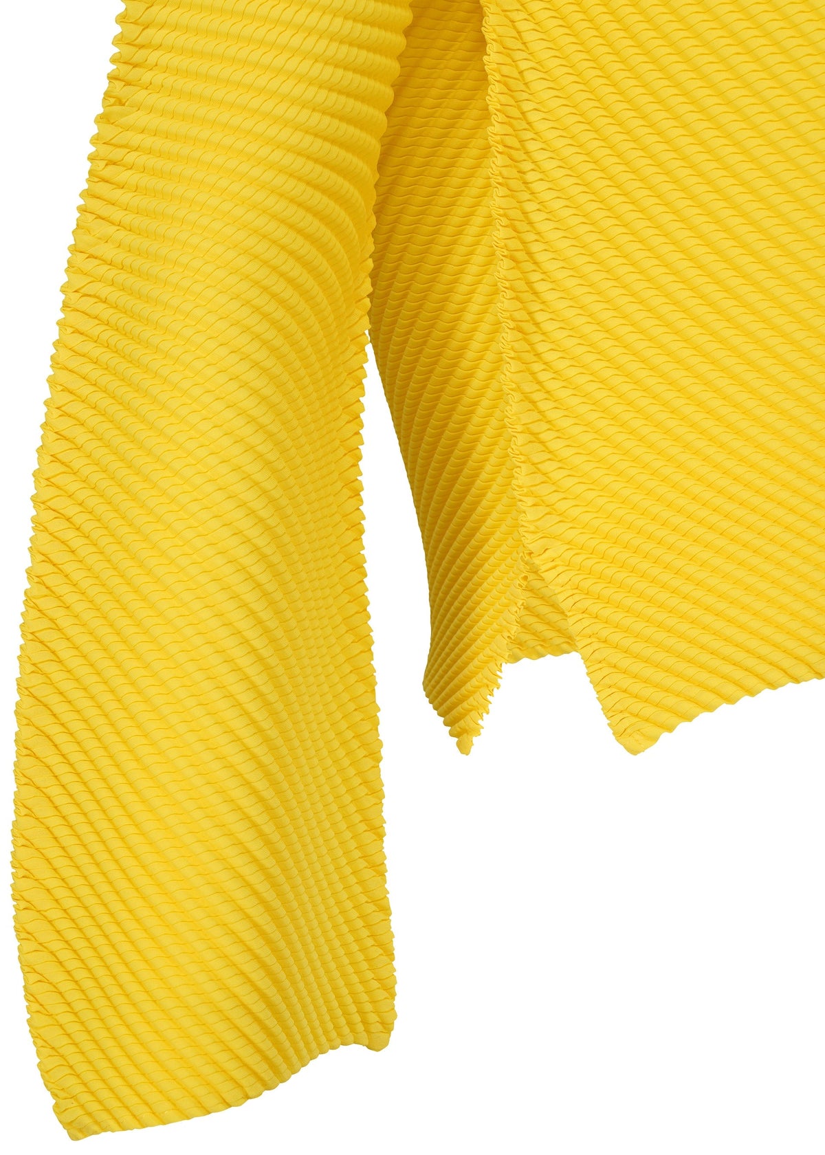 A close-up of ISSEY MIYAKE’s SHIFTED MISTY PLEATS: textured yellow fabric with diagonal ribbing, artfully draped to highlight its folds and thickness—ideal for a unique design or a stylish pleated top. view 5 of 7