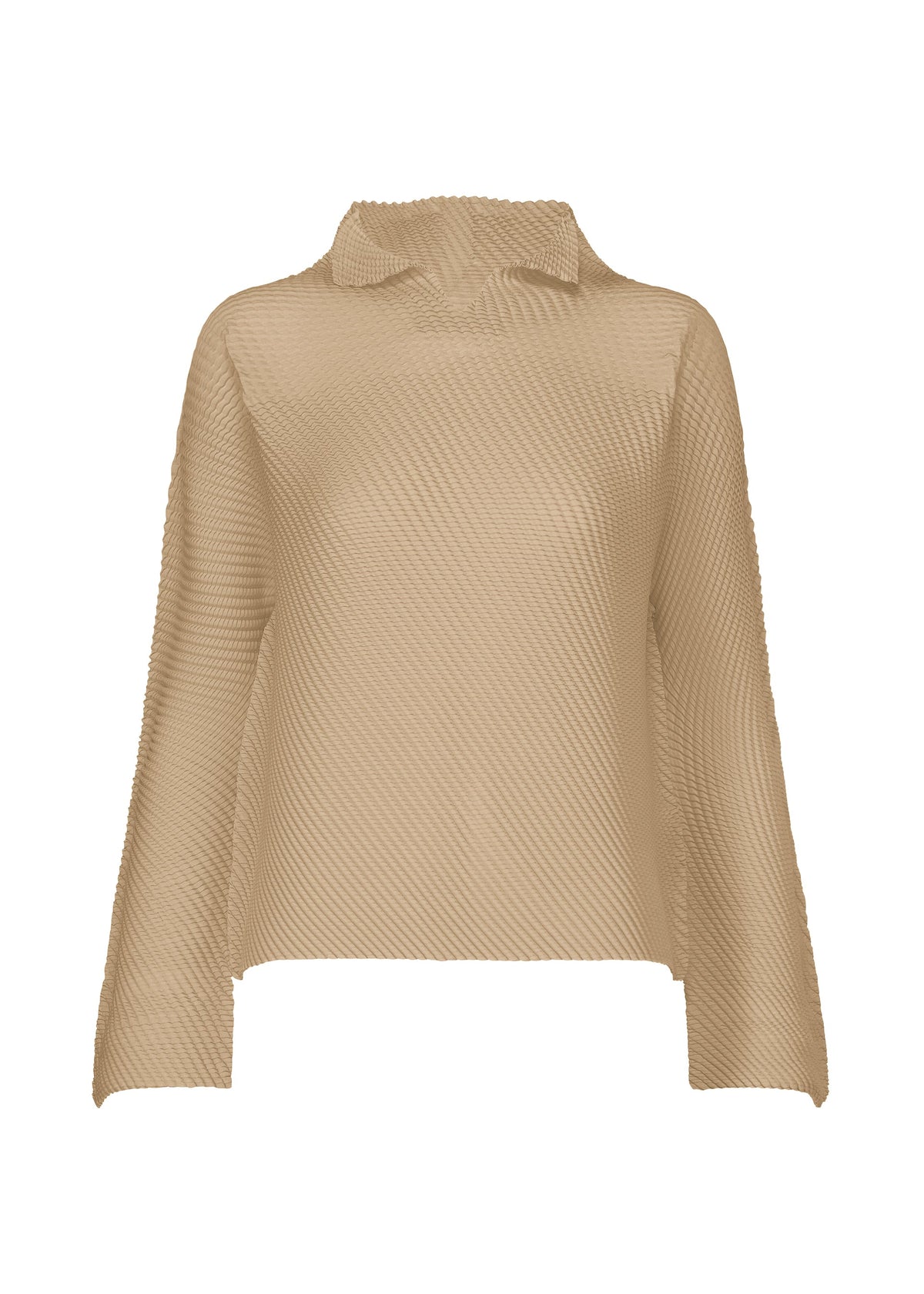 The SHIFTED MISTY PLEATS top by ISSEY MIYAKE features beige, long sleeves, a pointed collar, loose fit, subtle textured pleats, a slightly asymmetrical hem, and lightweight semi-sheer fabric. view 2 of 7