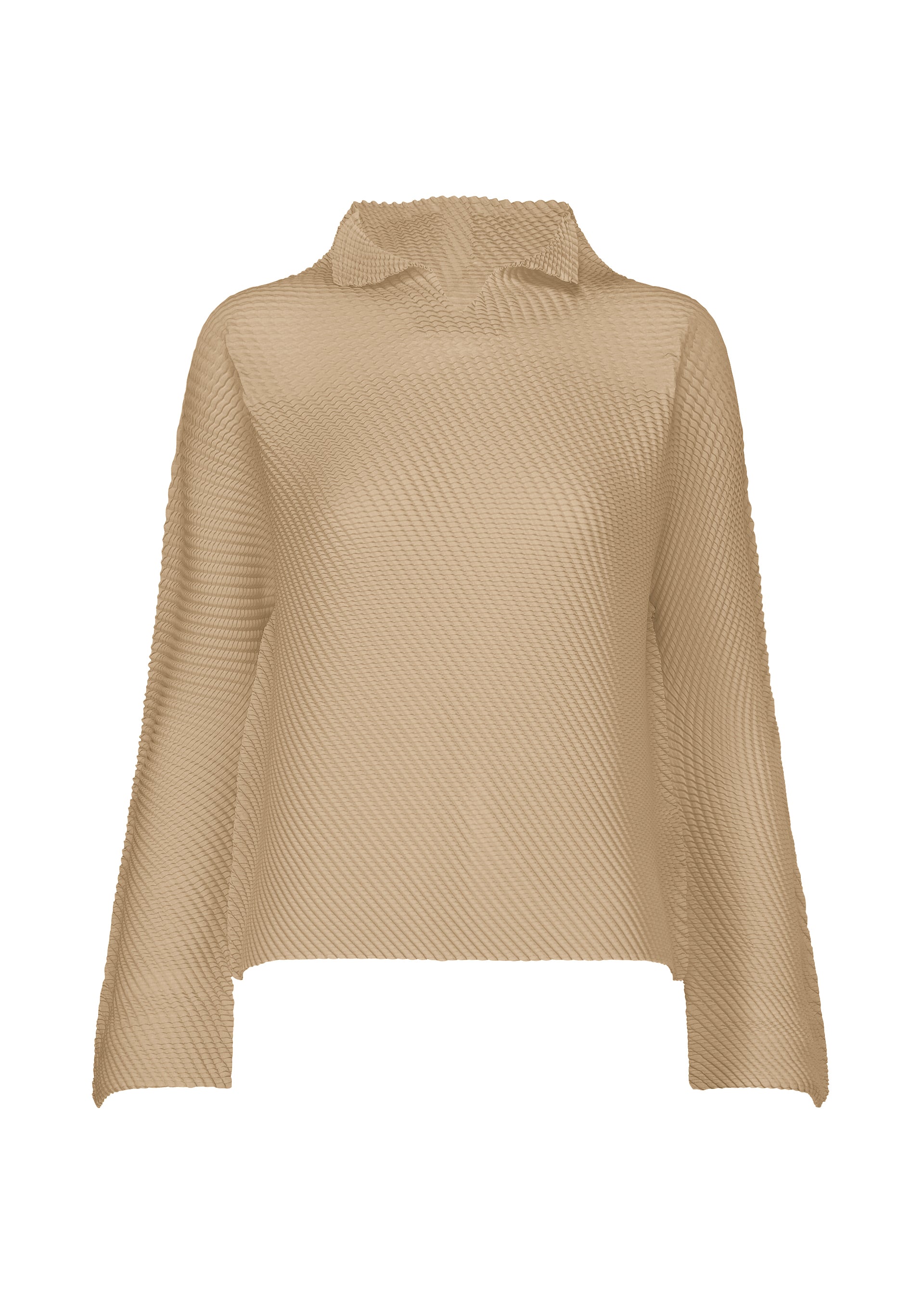 Zoomed view The SHIFTED MISTY PLEATS top by ISSEY MIYAKE features beige, long sleeves, a pointed collar, loose fit, subtle textured pleats, a slightly asymmetrical hem, and lightweight semi-sheer fabric. - BEIGE （no.41）