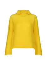 The SHIFTED MISTY PLEATS by ISSEY MIYAKE is a long-sleeved, bright yellow pleated top with a slight high collar and subtle ribbed pattern, crafted from soft fabric and shown on a plain white background. - YELLOW （no.52）