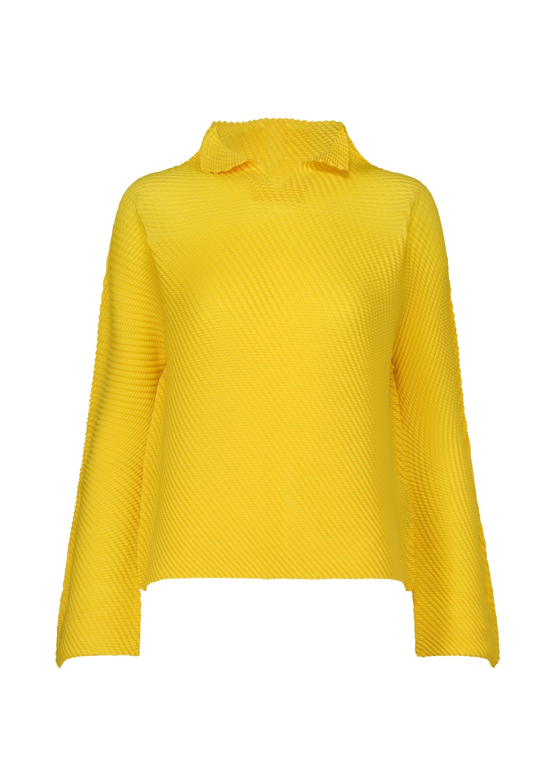 Zoomed view The SHIFTED MISTY PLEATS by ISSEY MIYAKE is a long-sleeved, bright yellow pleated top with a slight high collar and subtle ribbed pattern, crafted from soft fabric and shown on a plain white background. - YELLOW （no.52）