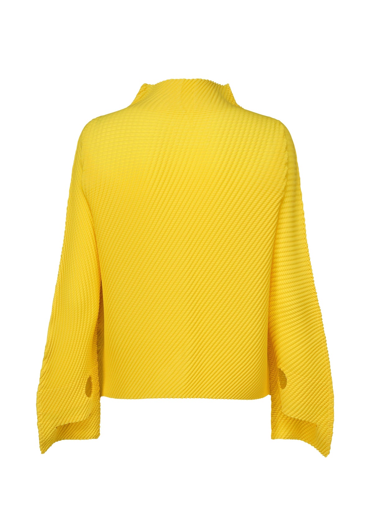 The SHIFTED MISTY PLEATS top by ISSEY MIYAKE is a bright yellow, long-sleeved piece shown from the back, made of soft fabric with a boxy, loose fit and wide sleeves detailed with subtle diagonal ribbing. view 4 of 7